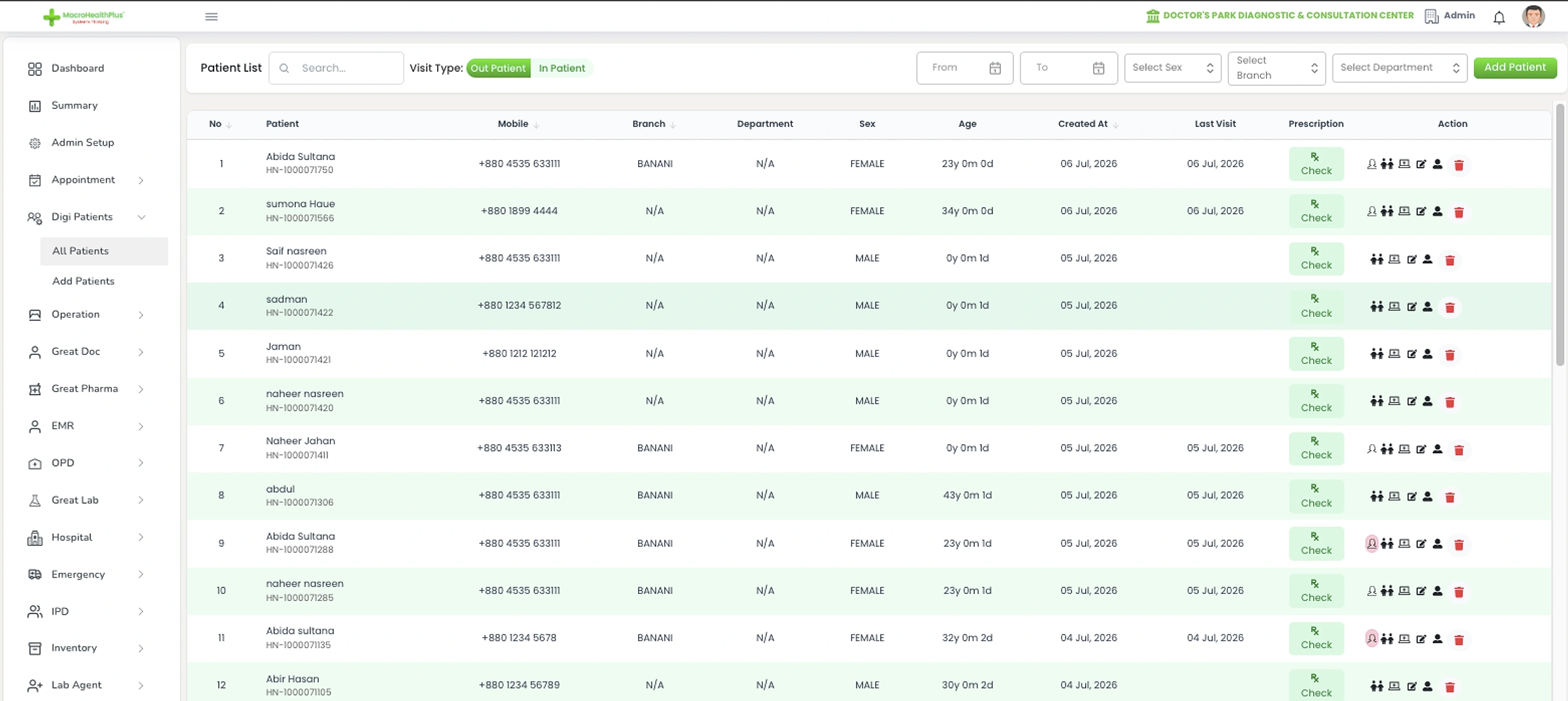 DigiPatient product interface
